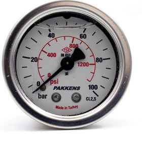 Pakkens 0-100 Bar 63 mm Arkadan Bağlantılı Gliserinli G 1/4 inç Manometre