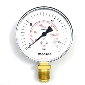 Pakkens 0-16 Bar 100 mm Alttan Bağlantılı Kuru G 1/2 inç Manometre