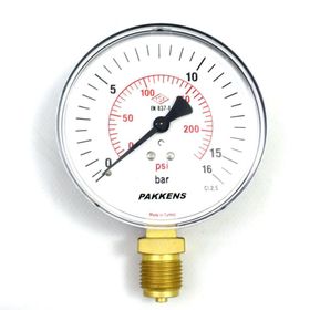 Pakkens 0-16 Bar 160 mm Alttan Bağlantılı Kuru G 1/2 inç Manometre