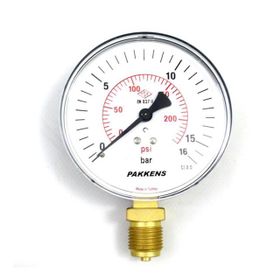Pakkens 0-16 Bar 160 mm Alttan Bağlantılı Kuru G 1/2 inç Manometre