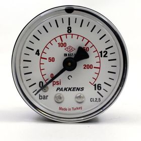Pakkens 0-16 Bar 63 mm Arkadan Bağlantılı Kuru G 1/4 inç Manometre