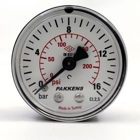 Pakkens 0-16 Bar 63 mm Arkadan Bağlantılı Kuru G 1/4 inç Manometre