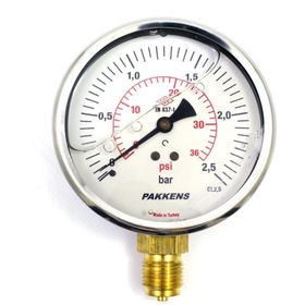Pakkens 0-2.5 Bar 100 mm Alttan Bağlantılı Gliserinli G 1/2 inç Manometre