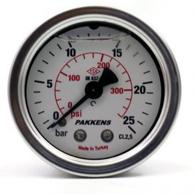Pakkens 0-25 Bar 50 mm Arkadan Bağlantılı Gliserinli G 1/4 inç Manometre