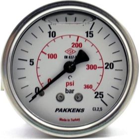 Pakkens 0-25 Bar 50 mm Arkadan Bağlantılı Panotipli Gliserinli G 1/4 inç Manometre