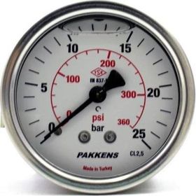 Pakkens 0-25 Bar 50 mm Arkadan Bağlantılı Panotipli Gliserinli G 1/4 inç Manometre