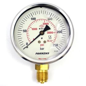 Pakkens 0-250 Bar 100 mm Alttan Bağlantılı Gliserinli G 1/2 inç Manometre