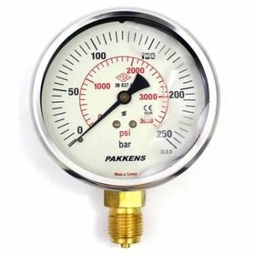 Pakkens 0-250 Bar 100 mm Alttan Bağlantılı Gliserinli G 1/2 inç Manometre