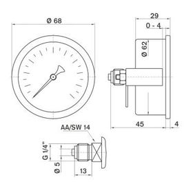 Pakkens 0-250 Bar 63 mm Arkadan Bağlantılı Panotipi Kuru G 1/4 inç Manometre