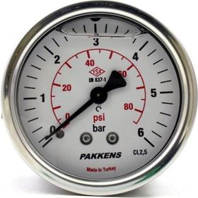 Pakkens Gliserinli G 1/4 inç 0-6 Bar 50 mm Arkadan Bağlantılı Panotipli Manometre