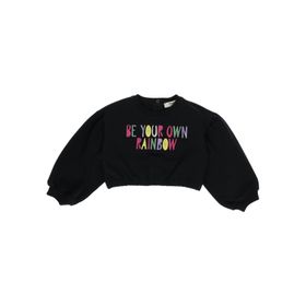 Panço 2221GB08041 Çok Renkli Nakışlı Siyah Crop Kız Çocuk Sweatshirt