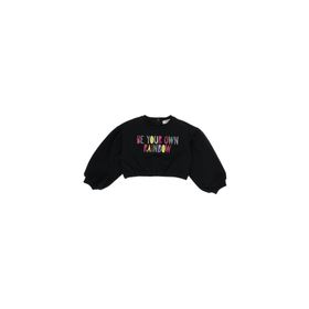 Panço 2221GB08041 Çok Renkli Nakışlı Siyah Crop Kız Çocuk Sweatshirt