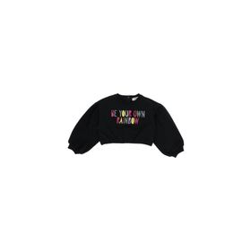 Panço 2221GB08041 Çok Renkli Nakışlı Siyah Crop Kız Çocuk Sweatshirt