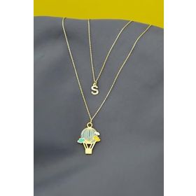 Papatya Silver 925 Altın Kaplama Mineli Uçan Balon ve S Harf Asansör Kadın Gümüş Kolye