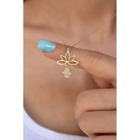 Papatya Silver 925 Ayar Altın Kaplama Fatma Ana Eli Lotus Çiçeği Kadın Gümüş Kolye