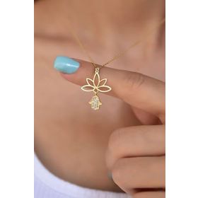 Papatya Silver 925 Ayar Altın Kaplama Fatma Ana Eli Lotus Çiçeği Kadın Gümüş Kolye