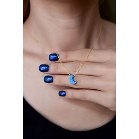 Papatya Silver 925 Ayar Altın Kaplama Mavi Opal Taş Hilal Kadın Gümüş Küpe