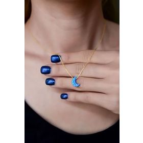 Papatya Silver 925 Ayar Altın Kaplama Mavi Opal Taş Hilal Kadın Gümüş Küpe