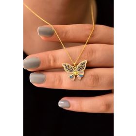 Papatya Silver 925 Ayar Altın Kaplama Mineli Gözlü Kelebek Kadın Gümüş Kolye