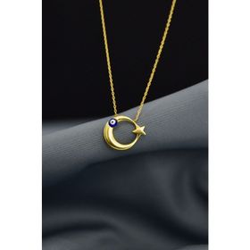Papatya Silver 925 Ayar Altın Kaplama Nazar Gözlü Ay Yıldız Kadın Gümüş Kolye