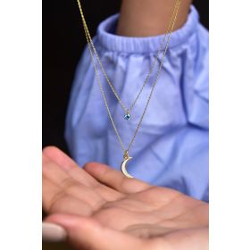 Papatya Silver 925 Ayar Altın Kaplama Tektaş Beyaz Ay Asansör Gümüş Kolye