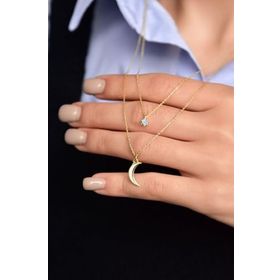 Papatya Silver 925 Ayar Altın Kaplama Tektaş Beyaz Ay Asansör Gümüş Kolye