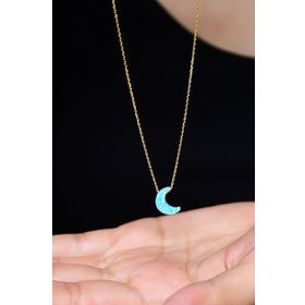 Papatya Silver 925 Ayar Altın Kaplama Turkuaz Opal Taş Hilal Kadın Gümüş Kolye