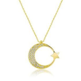 Papatya Silver 925 Ayar Ayyıldız Figürlü Altın Kaplama Nano Zirkon Taşlı Gümüş Kolye