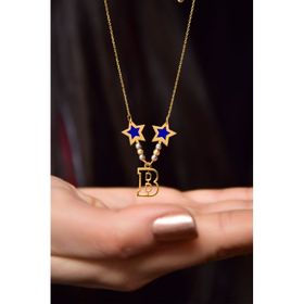 Papatya Silver 925 Ayar Dorikalı Parlayan Rüya Serisi Tasarım Ebruli Cam Boyalı Yıldız Harfli Kadın Gümüş Kolye