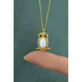 Papatya Silver 925 Ayar Gold Kaplama Beyaz Opal Taşlı Baykuş Kadın Gümüş Kolye