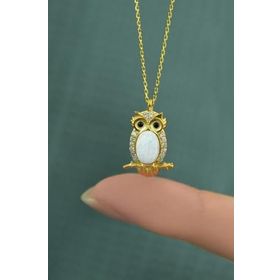 Papatya Silver 925 Ayar Gold Kaplama Beyaz Opal Taşlı Baykuş Kadın Gümüş Kolye