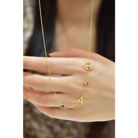 Papatya Silver 925 Ayar Gold Kaplama Doğum Taşlı Zirkon Taşlı Harfli Kadın Gümüş Kolye