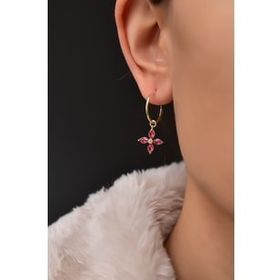 Papatya Silver 925 Ayar Gold Kaplama Fuşya Zirkon Taşlı Plumeria Halka Kadın Gümüş Küpe