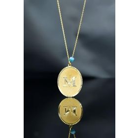 Papatya Silver 925 Ayar Gold Kaplama Gözlü Arkası Çiçek Çizimli M Harf Plaka Kadın Gümüş Kolye