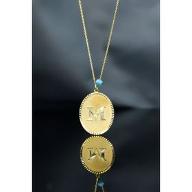 Papatya Silver 925 Ayar Gold Kaplama Gözlü Arkası Çiçek Çizimli M Harf Plaka Kadın Gümüş Kolye