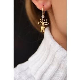 Papatya Silver 925 Ayar Gold Kaplama İncili Harf Lotus Halka Kadın Gümüş Küpe
