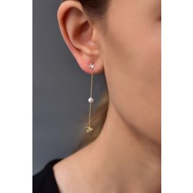 Papatya Silver 925 Ayar Gold Kaplama Incili Yıldız Zincir Tektaş Gümüş Küpe