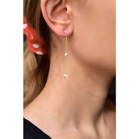 Papatya Silver 925 Ayar Gold Kaplama Incili Yıldız Zincir Tektaş Gümüş Küpe