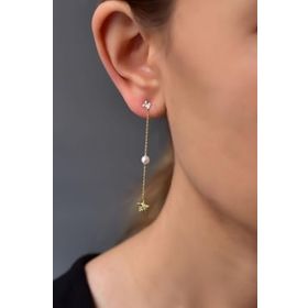 Papatya Silver 925 Ayar Gold Kaplama Incili Yıldız Zincir Tektaş Gümüş Küpe