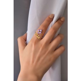 Papatya Silver 925 Ayar Gold Kaplama İsimli Doğum Taşı Lila Mineli Yonca Gümüş Yüzük