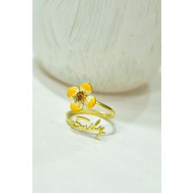 Papatya Silver 925 Ayar Gold Kaplama İsimli Doğum Taşı Sarı Mineli Yonca Gümüş Yüzük