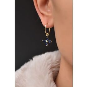 Papatya Silver 925 Ayar Gold Kaplama Lacivert Zirkon Taşlı Plumeria Halka Kadın Gümüş Küpe