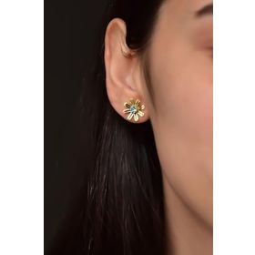 Papatya Silver 925 Ayar Gold Kaplama Mavi Zirkon Taşlı Gönül Çelen Çiçeği Kadın Gümüş Küpe