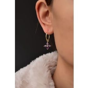Papatya Silver 925 Ayar Gold Kaplama Mor Zirkon Taşlı Plumeria Halka Kadın Gümüş Küpe