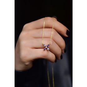 Papatya Silver 925 Ayar Gold Kaplama Mor Zirkon Taşlı Plumeria Kadın Gümüş Kolye
