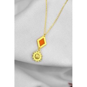 Papatya Silver 925 Ayar Gold Kaplama Parlayan Rüya Serisi Ebruli Cam Boyalı Dörtgen Güneş Kadın Gümüş Kolye