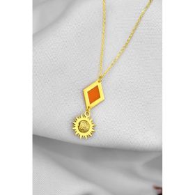 Papatya Silver 925 Ayar Gold Kaplama Parlayan Rüya Serisi Ebruli Cam Boyalı Dörtgen Güneş Kadın Gümüş Kolye