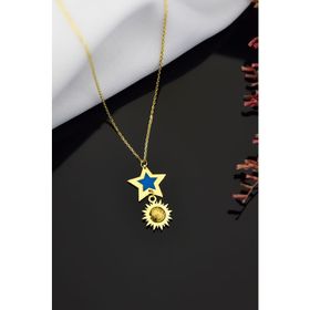 Papatya Silver 925 Ayar Gold Kaplama Parlayan Rüya Serisi Ebruli Cam Boyalı Yıldız Güneş Kadın Gümüş Kolye