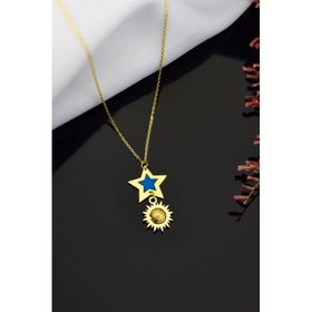 Papatya Silver 925 Ayar Gold Kaplama Parlayan Rüya Serisi Ebruli Cam Boyalı Yıldız Güneş Kadın Gümüş Kolye