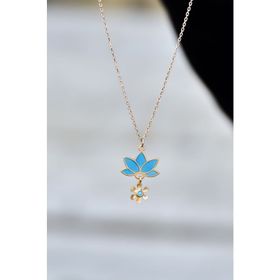 Papatya Silver 925 Ayar Gold Kaplama Parlayan Rüya Serisi Tasarım Ebruli Cam Boyalı Lotus Kadın Gümüş Kolye